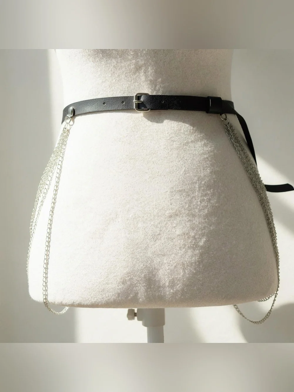Y2K 2000s style Black leather belt with silver chain fringe